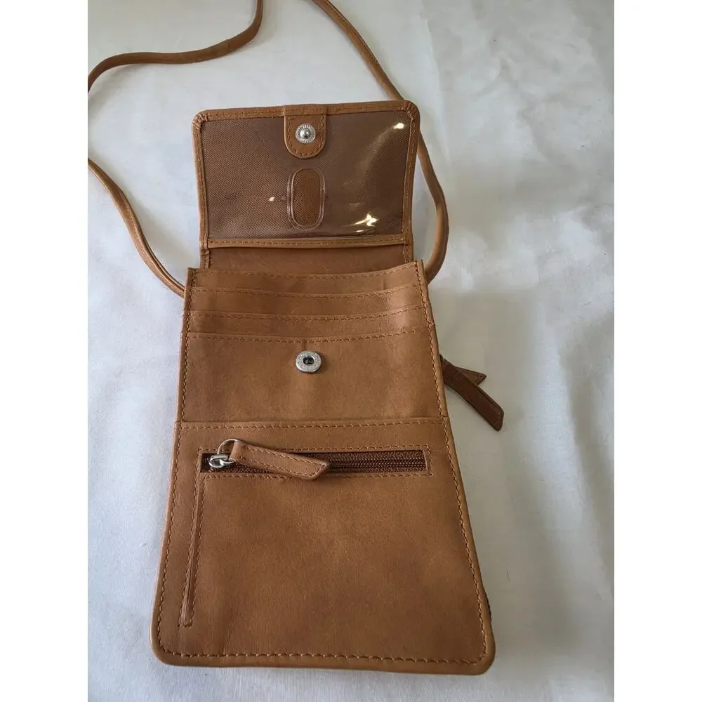 iLi New York Genuine Leather RFID Phone Wallet Crossbody Purse Tan Brown